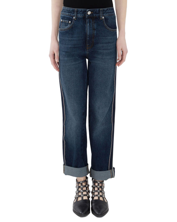 Alexander McQueen 镶边条纹直筒卷边九分牛仔裤