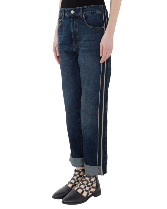 Alexander McQueen 镶边条纹直筒卷边九分牛仔裤