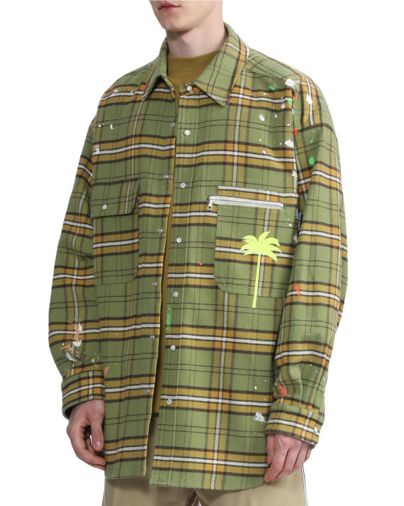palm angels 饰椰子树泼墨印花直排扣格纹衬衫